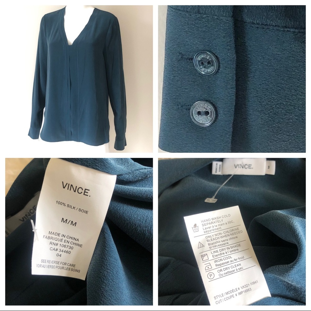 Vince 100% Silk Teal Picot-Edge V-Neck NWOT M - Picture 6 of 6